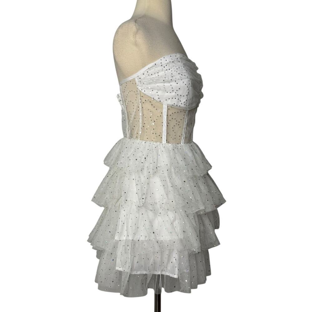 Iridescent Sparkly Sequin Tiered Tulle Mini Dress Mesh Corset Boned Strapless L - Picture 6 of 10